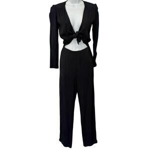 Reformation Black Ferris Textured Cut Out Tie Front Long Sleeve Jumpsuit size 0